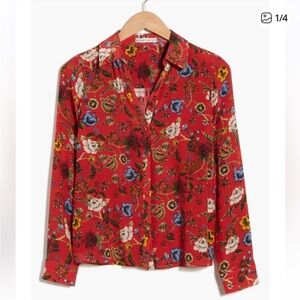 Alice + Olivia Red Floral Silk-Feel Button Shirt
